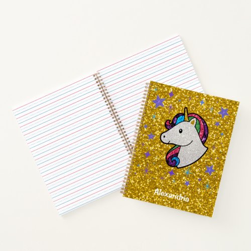 Unicorn Rainbow Stars Gold Glitter Personalize Notebook