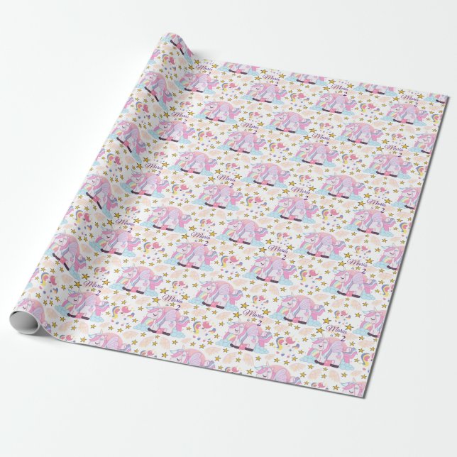 Unicorn Rainbow Stars Magical Name Birthday  Wrapping Paper (Unrolled)