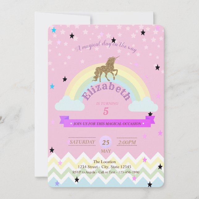 Unicorn,Rainbow Stars,Zigzag Birthday Invitation (Front)