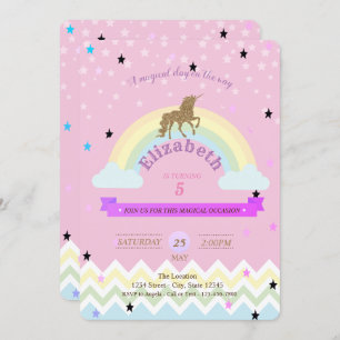 Unicorn,Rainbow Stars,Zigzag Birthday Invitation