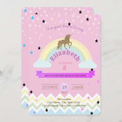 UnicornRainbow StarsZigzag Birthday Invitation