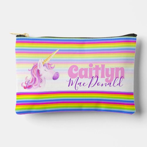 Unicorn rainbow stripes custom pencil case or accessory pouch