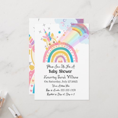 Unicorn Rainbow theme baby shower invitation