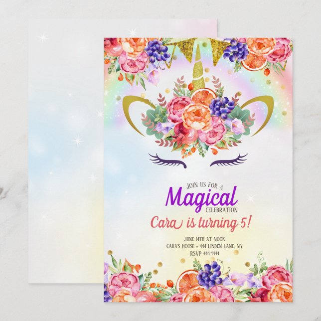 Unicorn Rainbow Tropical Birthday Invitation (Front/Back)
