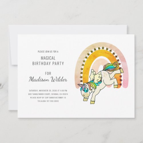 Unicorn Rainbow Watercolor Girl Birthday Invitation