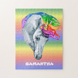Unicorn Rainbow Watercolor Monogram Name Jigsaw Puzzle