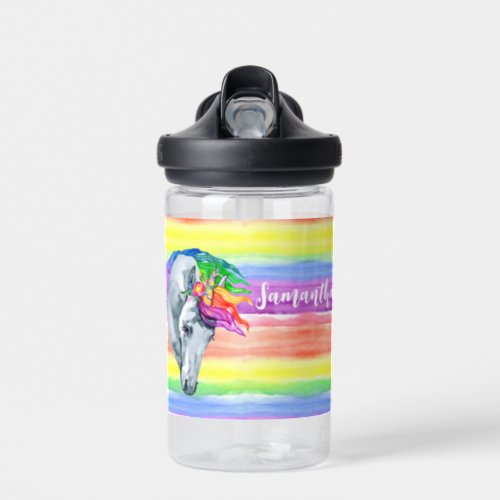 Unicorn Rainbow Watercolor Monogram Name  Water Bottle