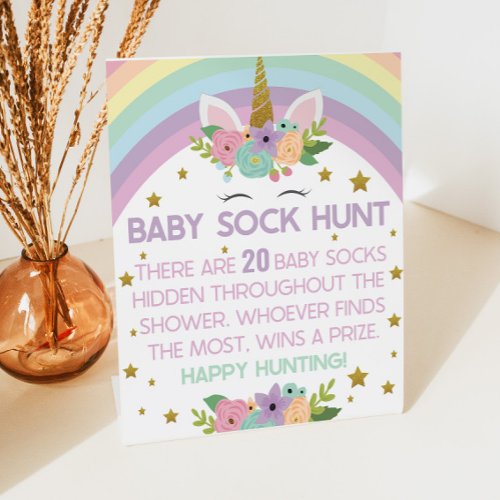 Unicorn Rainbows Baby Sock Hunt Baby Shower Game Pedestal Sign