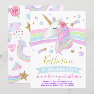 Unicorn rainbows birthday invitation watercolor