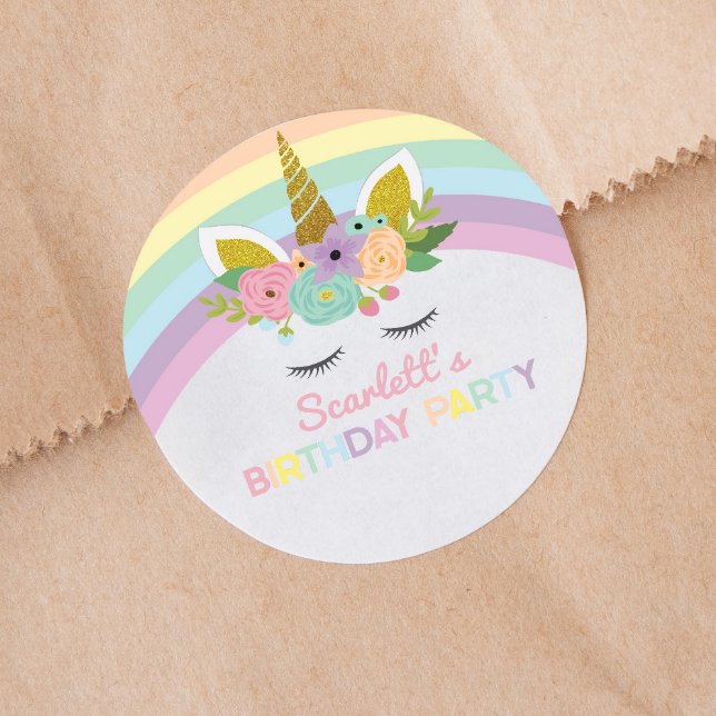 Unicorn Rainbows Birthday Party Favor Classic Round Sticker (Creator Uploaded)