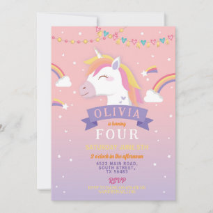 Unicorn Rainbows Birthday Party Pink Stars Invitation