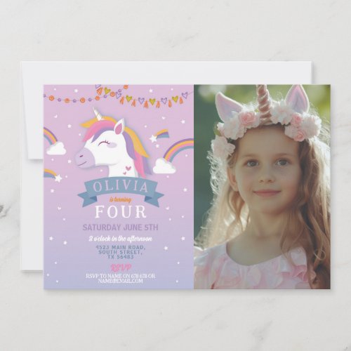 Unicorn Rainbows Birthday Party Purple Stars Photo Invitation