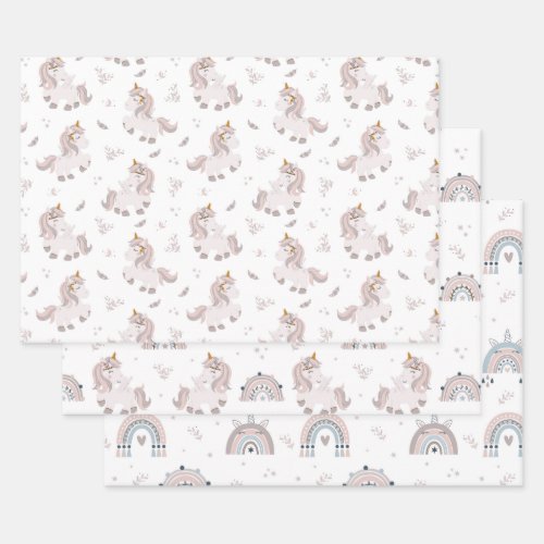 Unicorn Rainbows  Boho Trendy Pink Gray Blue Wrapping Paper Sheets