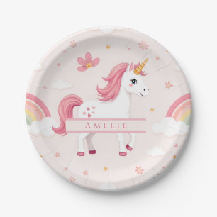 Unicorn, Rainbows, Flowers, Name, Party Paper Plates