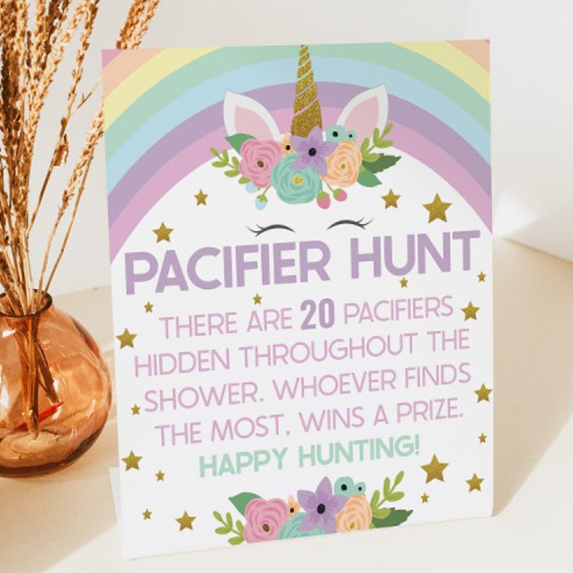 Unicorn Rainbows Pacifier Hunt Baby Shower Game Pedestal Sign (Creator Uploaded)