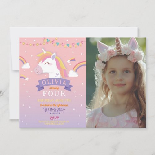 Unicorn Rainbows Photo Birthday Party Pink Stars Invitation