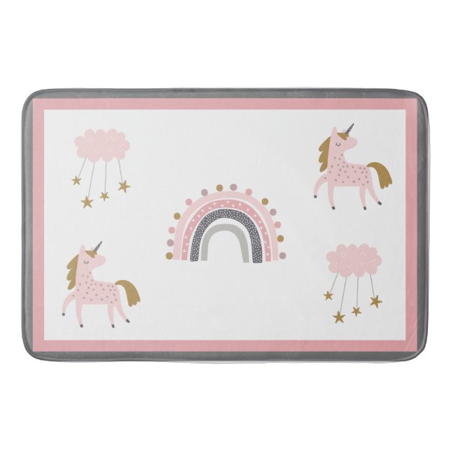 Unicorn Rainbows Stars Pink Boho Pattern Bath Mat (Front)