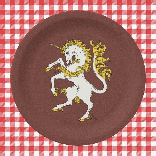 Unicorn Rampant Paper Plates (Unicorn Rampant Paper Plates on Tablecloth)