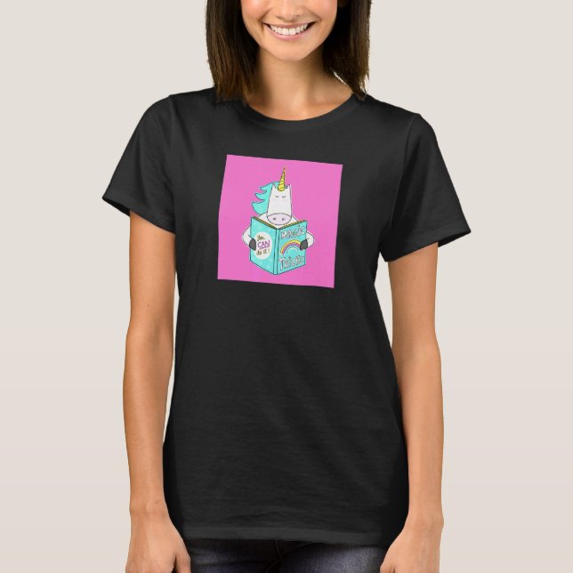 Unicorn Reading Magic Tricks Book  Cute Humor Pink T-Shirt (Front)