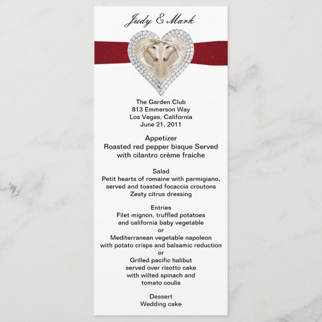 Unicorn Red Lace Wedding Menu Card (Front)