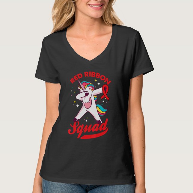 Unicorn Red Ribbon Squad Week Awareness Red Ribbon T-Shirt (Front)