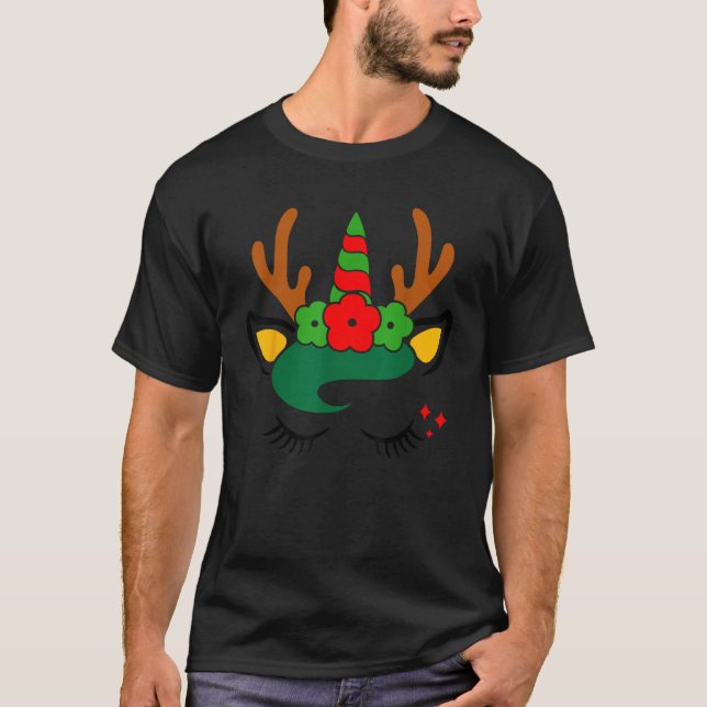 Unicorn Reindeer Face with Flowers Wreath Cute Chr T-Shirt (Front)