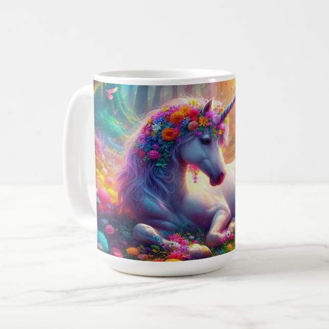 Unicorn Resting in a Vibrant Enchanted Forest Coffee Mug (Front Left)