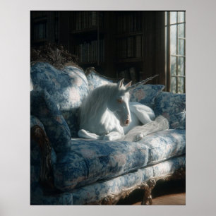 Unicorn Resting on Floral Sofa Poster