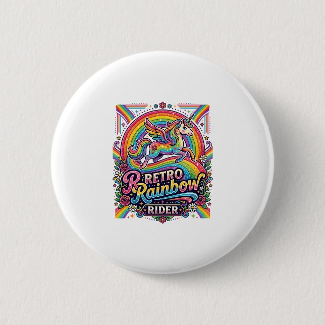 Unicorn Retro Rainbow Rider Button (Front)