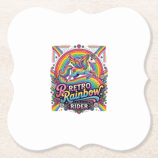Unicorn Retro Rainbow Rider Paper Coaster (Front)