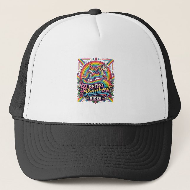Unicorn Retro Rainbow Rider Trucker Hat (Front)