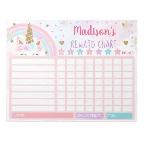 Unicorn Reward Chart Chore Chart Pink Gold Rainbow Notepad