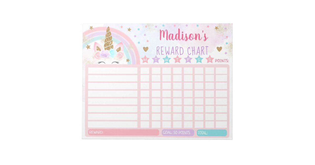 unicorn reward chart chore chart pink gold rainbow notepad zazzle