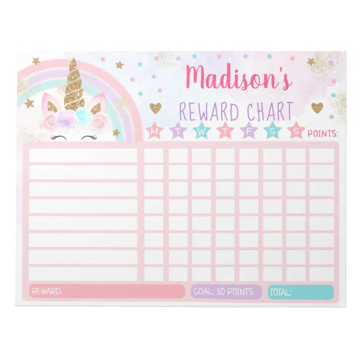 unicorn reward chart chore chart pink gold rainbow notepad zazzle