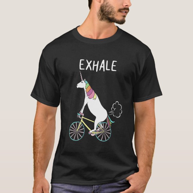 Unicorn Riding Bike Exhale  Rider Cycling Cyclist T-Shirt (Front)