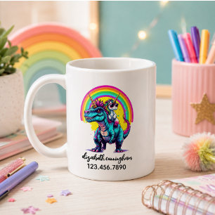 Unicorn Riding Dinosaur Rainbow Name school Coffee Mug