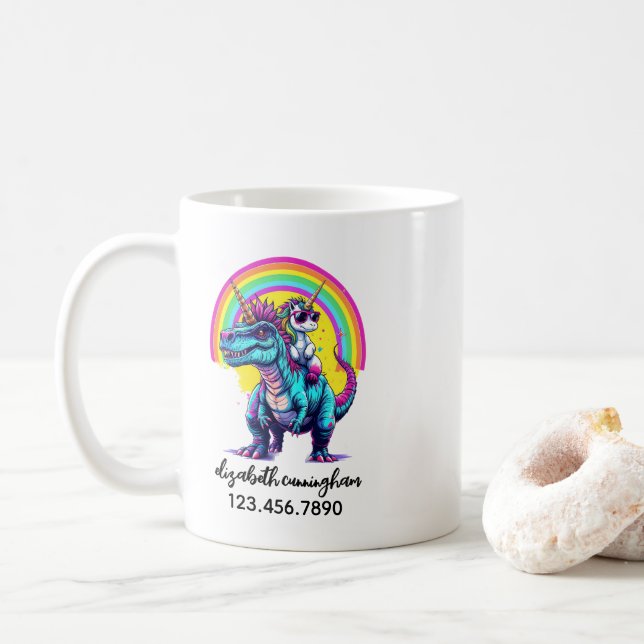 Unicorn Riding Dinosaur Rainbow Name school Coffee Mug (With Donut)