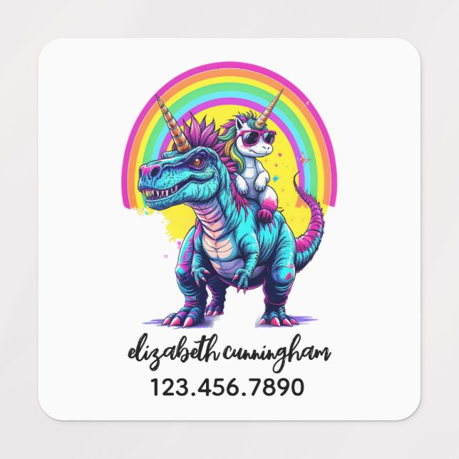 Unicorn Riding Dinosaur Rainbow Name school Kids' Labels (Design 1)