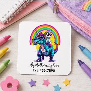 Unicorn Riding Dinosaur Rainbow Name school Kids' Labels