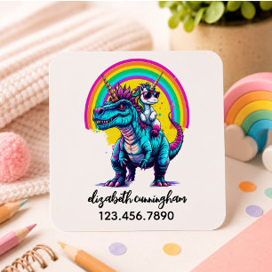 Unicorn Riding Dinosaur Rainbow Name school Square Sticker