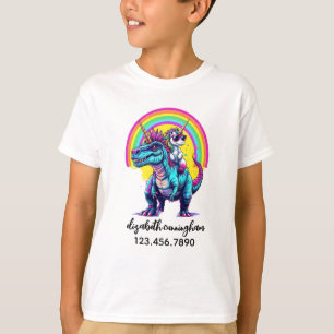 Unicorn Riding Dinosaur Rainbow Name school T-Shirt