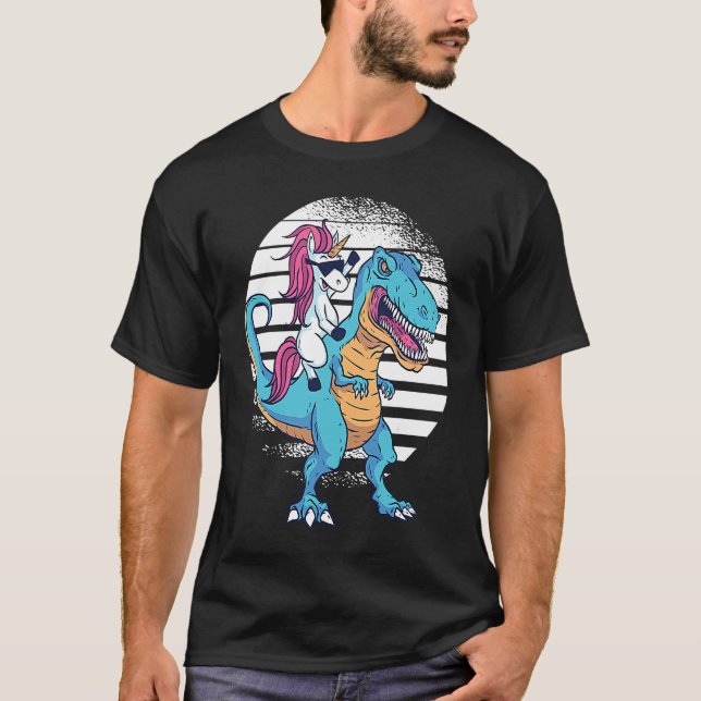 Unicorn Riding Dinosaur Rex Retro Sunset Boys Girl T-Shirt (Front)