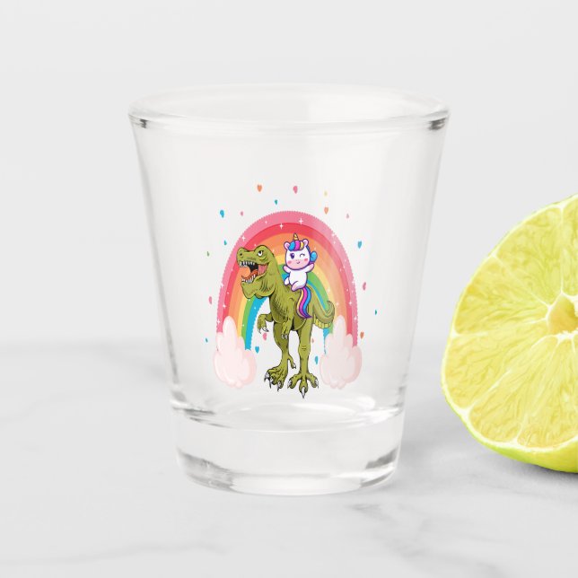 Unicorn Riding Dinosaur Shot Glass (Front)