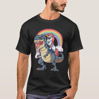 Unicorn Riding Dinosaur T Rex Boys Girls Kids Rain T-Shirt