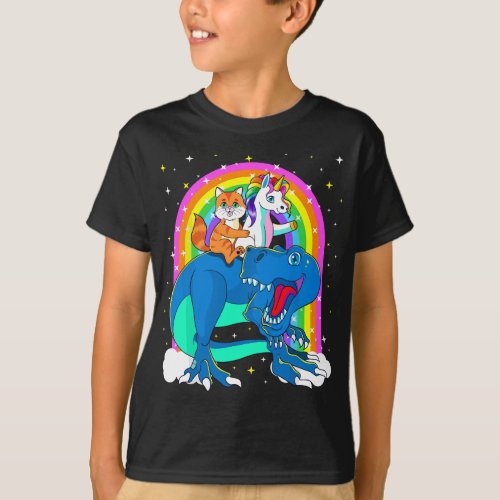 Unicorn Riding Dinosaur T Rex Cat Space Kitten Gal T_Shirt