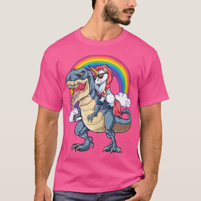 Unicorn Riding Dinosaur T Rex Funny Rainbow T-Shirt (Front)