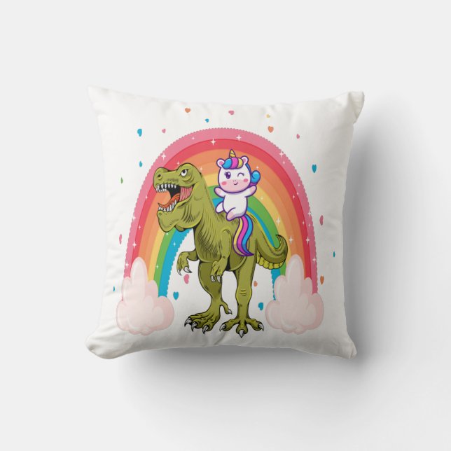 Unicorn Riding Dinosaur Throw Pillow (Front)