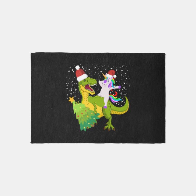 unicorn riding dinosaur tree Trex dabbing Christma Rug (Front)
