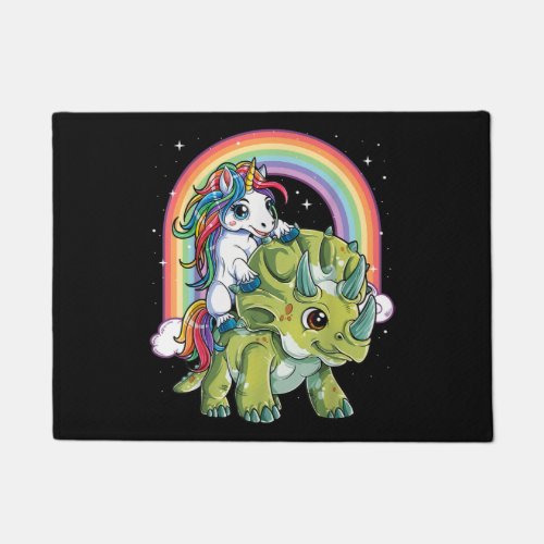 Unicorn Riding Dinosaur Triceratops Rainbow Doormat