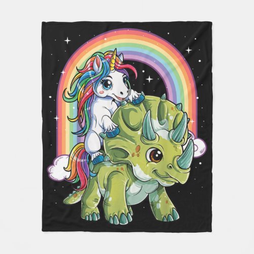 Unicorn Riding Dinosaur Triceratops Rainbow Fleece Blanket